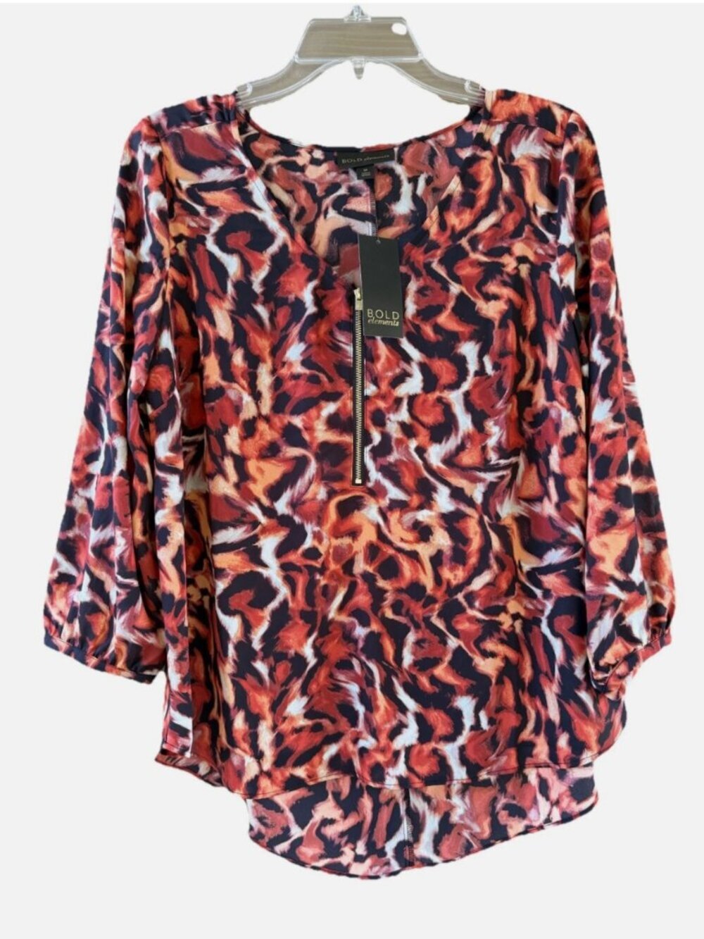 Bold Elements Brown Animal Print Sheer Chiffon 3/4 Sleeve Top Blouse Size M